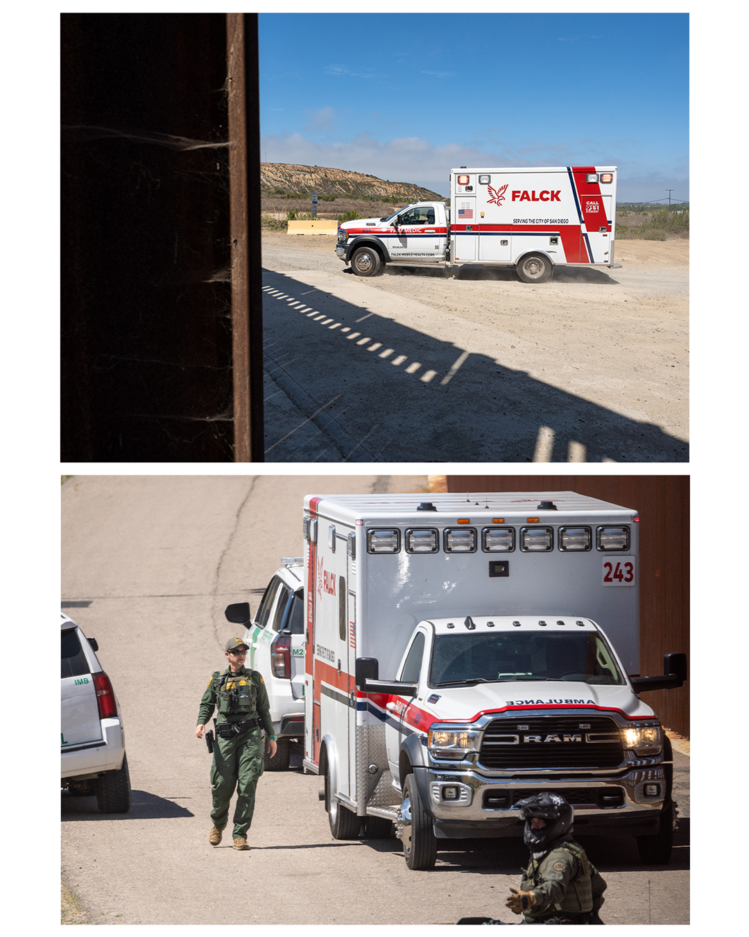 Top: Image of an ambulance
Bottom: Border patrol agents wave the ambulance through.